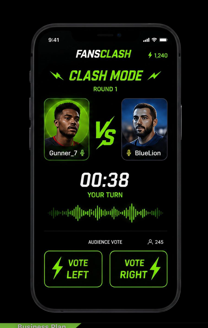 Fans Clash Clash Mode screen with two supporters debating and an audience vote