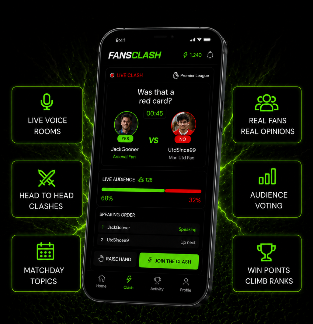 Fans Clash app showing a live football debate, audience voting and matchday features